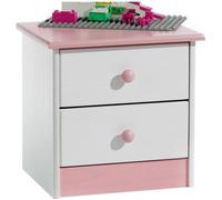 IDIMEX Table de Chevet Rondo avec 2 tiroirs, Table de Nuit en pin Massif, Chevet en Bois lasuré Blanc et Rose