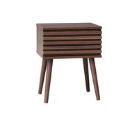 Table de chevet style scandinave décor bois couleur noyer avec tiroir rainuré et pieds compas