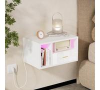 Table de Chevet Suspendue avec LED RGB et 1 Prise Secteur/2 Ports USB,Table de Nuit Suspendue avec 1 Tiroir et 2 étagères Ouvertes,46.5x30x25.5 cm,Convient aux Chambres et aux Salons(Blanc)