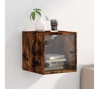 Table de chevet suspendue en chêne fumé, 35x37x35 cm, avec porte en verre translucide et plateau solide, en plastique à base de bois durable.