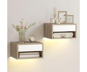 Table de chevet suspendue lot de 2 avec éclairage LED RGB connecté par application tiroir et étagère ouverte 37 x 32 x 21 cm teck