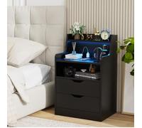 Table de Chevet VIVOLILV - Noir - 2 Tiroirs - Prise et Ports USB - Éclairage LED - 45x35x72,5cm