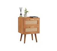 Table de chevet WAMAN petite commode de nuit avec 2 tiroirs, en bois de paulownia lasuré brun et lin naturel, style vintage