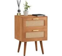 Table de chevet WAMAN petite commode de nuit avec 2 tiroirs, en bois de paulownia lasuré brun et lin naturel, style vintage