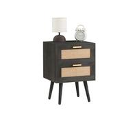 Table de chevet WAMAN petite commode de nuit avec 2 tiroirs, en bois de paulownia lasuré noir et lin naturel, style vintage