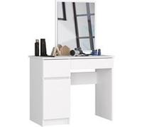 Table de coiffeuse AKORD gauche avec miroir 500x600 Blanche 90 cm 1 porte 2 tiroirs façade Blanche 2 étagères 90x50x142 cm Blanc G