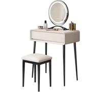 Table De Coiffeuse En Bois Massif, Ensemble De Bureau Avec Tabouret, Pieds | En Métal, Miroir LED For Chambre À Coucher Et Utilisation De Son Coffret Cadeau(E,60x40x80CM)