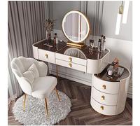 Table de coiffeuse LED 3 en 1 avec miroir rabattable, tabouret roulant, plateau en verre, armoire latérale et tiroirs - Station de maquillage en bois massif pour décoration d'intérieur élégante