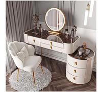 Table de coiffeuse LED 3 en 1 avec miroir rabattable, tabouret roulant, plateau en verre, armoire latérale et tiroirs - Station de maquillage en bois massif pour décoration d'intérieur élégante