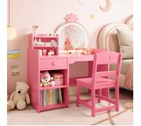 Table de Coiffeuse Princesse avec Miroir à LED pour Enfants - Bureau Maquillage en Bois avec Chaise, Tiroir et Étagères-Rose