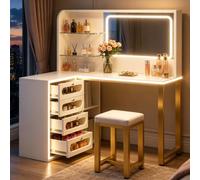 Table de coiffure d'angle avec miroir LED à 3 modes et espace de rangement maximal - Ensemble de coiffeuse moderne, 5 tiroirs transparents + étagères réglables, avec tabouret confortable