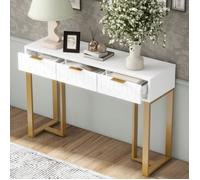 Table de Console Blanche Moderne - avec 3 Tiroirs - Structure Métal Doré et Pieds Réglables, Console d’Entrée MERAX