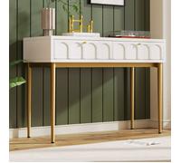 Table de Console d’Entrée Blanche Crème - 100x45x76,5 cm - avec 2 Tiroirs et Pieds en Métal Doré - Style Élégant - MERAX