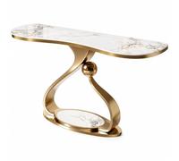 Table De Couloir Moderne, Console Effet Pierre, Meuble D'entrée Étroit | Surface Claire Arrondie, Structure Noire Courbée Avec Socle Ovale Accent Central Pour Salon Ou Hall(Gold,55.1"/140cm)