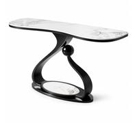 Table De Couloir Moderne, Console Effet Pierre, Meuble D'entrée Étroit | Surface Claire Arrondie, Structure Noire Courbée Avec Socle Ovale Accent Central Pour Salon Ou Hall(Black,59"/150cm)