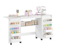 Table de couture - HOMCOM - pliante - roulettes 2 portes 4 bacs 20 crochets - panneau de particules - 160x40x81 5cm - blanc
