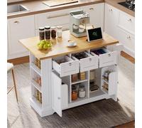 Table de cuisine mobile de 132 cm, style rustique, plan de travail rabattable, tiroir, étagère à épices, porte-serviettes, 4 roulettes, prise électrique.