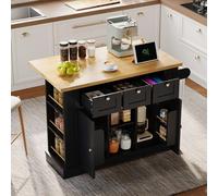 Table de cuisine mobile de 132 cm, style rustique, plan de travail rabattable, tiroir, étagère à épices, porte-serviettes, 4 roulettes, prise électrique.