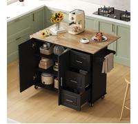 Table de cuisine mobile137x43(76)x92cm, pliant plan de travail en chêne, armoire multifonctionnelle,3 tiroirs, porte-serviettes,noir
