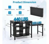 Table de cuisson pliante – Table de préparation pour cuisiner en extérieur – Structure métallique – Étagères latérales extensibles – Espace de rangement sous la table – Hauteur : 92,5 cm – Noir