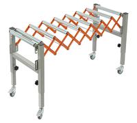 Table de guidage réglable pour machines de dégauchissage et rabotage - Longueur : 46–130 cm - Hauteur : 50–80 cm - Capacité de charge : 50 kg - 4 roulettes verrouillables - Couleur : orange