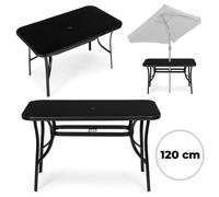 Table de jardin 120x70 cm, plateau en verre trempé, trou pour parasol, couleur noire, marque MultiGarden