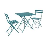 Table de jardin bistrot pliante métal + 2 assises bleu canard 70 x 70cm. acier thermolaqué