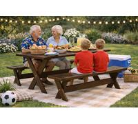 Table de jardin de style moderne en bois brun pour pique-nique en famille sur la terrasse