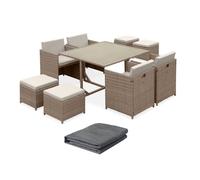 Table de jardin encastrable résine tressée + 8 assises + Housse de protection coussins beige. table encastrable