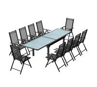 Concept Usine Salon de jardin Brescia – Table extensible aluminium + 10 chaises pliables, gris