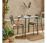 Table de jardin métal + 2 assises kaki Amélia. lattes et bords arrondis. traitement antirouille