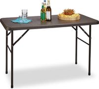 Table de jardin pliante BASTIAN de Relaxdays, rectangulaire, H x L x P : 74 x 121,5 x 61,5 cm, métal, plastique, aspect rotin, marron