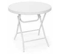 Table de jardin pliante BASTIAN de Relaxdays, ronde, H x L x P : 74 x 80 x 80 cm, métal, plastique, aspect rotin, blanche