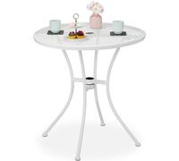 Table de jardin Relaxdays, avec trou pour parasol et bouchon, aspect grillagé, acier robuste, H x P : 72 x 70 cm, table de balcon ronde, blanche