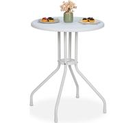 Table de jardin Relaxdays, H x P : 73 x 60 cm, aspect rotin, plastique et acier, table de salle à manger d'extérieur, table ronde de balcon, blanche