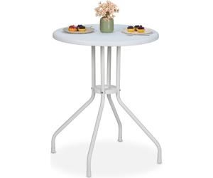 Table de jardin Relaxdays, H x P : 73 x 60 cm, aspect rotin, plastique et acier, table de salle à manger d'extérieur, table ronde de balcon, blanche
