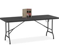 Table de jardin Relaxdays, pliable, dimensions : 73 x 180 x 74 cm, plastique, acier, résistante aux intempéries, aspect bois, table de camping, noire