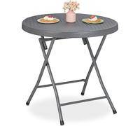 Table de jardin Relaxdays, pliable, H x P : 74 x 80 cm, aspect rotin, plastique et acier, résistante aux intempéries, table de balcon ronde, grise