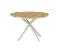 Table de jardin ronde 4 personnes dia. 118 cm piètement alu plateau lattes effet bois teck blanc