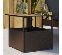 Table de jardin, table de balcon, table de camping, table de terrasse, table à manger, table buffet avec trou pour parasol, couleur marron, dimensions 55x55x46,5 cm, en polyrotin