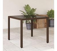 Table de jardin, table de balcon, table de camping, table de terrasse, table à manger, table buffet avec plateau en verre, couleur marron, dimensions 90x90x75 cm, en polyrotin