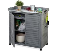 Table de jardinage Relaxdays avec meuble de rangement, 3 crochets, bois, plan de travail en étain, H x l x P : 92 x 90 x 45 cm, meuble de jardin, gris