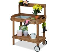Table de jardinage Relaxdays avec roulettes, bac et tiroir, en bois et plastique, dimensions : 120 x 97 x 49 cm, table de travail de jardin, marron