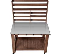 Table de jardinage SucceBuy avec plan de travail en acier inoxydable, étagères, 4 roulettes et crochets, table de jardin pour terrasse et jardin, marron, design étagère 1150 x 660 x 1695 mm