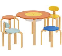 Table de jeu avec 4 chaises et espace de rangement, ensemble de sièges pour enfants composé de 5 pièces, forme florale, en bois de peuplier, multicolore | Pour les enfants de 3 à 8 ans | 80 kg par siè