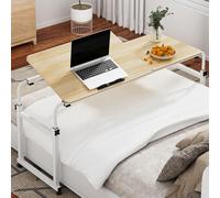 Table de Lit à Roulettes 120 x 40 cm, Bureau Mobile Traversant pour Lit Queen Size, Hauteur et Longueur Réglables, Plateau Inclinable, Table Lit Médicalisé pour Ordinateur, Repas et Travail,Bois