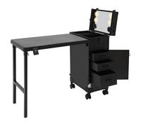 Table de manucure pliable sur roues, chariot de maquillage avec 3 tiroirs, haut-parleur Bluetooth, miroir avec 3 couleurs de lumière LED, pour salon de beauté, spa, mariage
