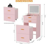 Table de maquillage 3 en 1 - Petite table de coiffure avec chaise - Rangement mobile - Gain de place, idéale pour les chambres, les appartements et les résidences étudiantes - Structure en bois - Rose