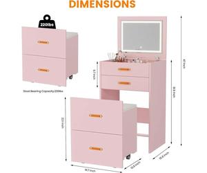 Table de maquillage 3 en 1 - Petite table de coiffure avec chaise - Rangement mobile - Gain de place, idéale pour les chambres, les appartements et les résidences étudiantes - Structure en bois - Rose