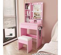 Table de maquillage 60 x 38 x 131,5 cm avec miroir, éclairage LED, prise, support pour sèche-cheveux, 3 tiroirs, étagère, pouf, rose